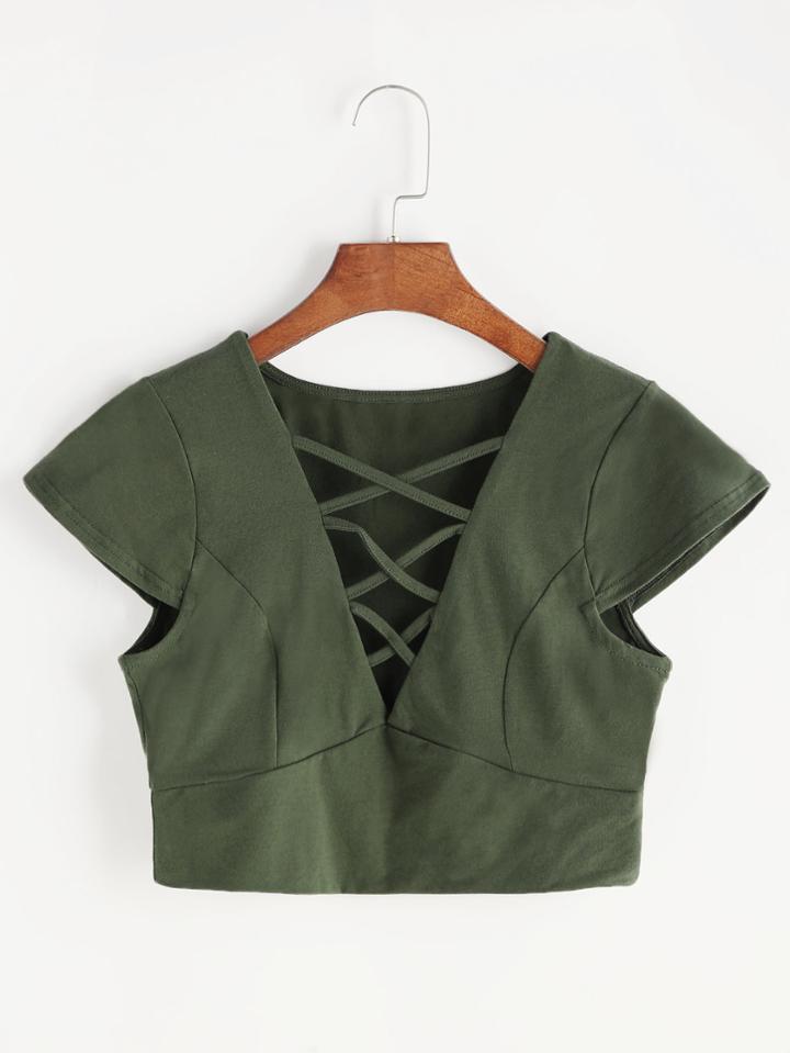 Romwe Army Green Lace Up Front Crop T-shirt