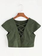 Romwe Army Green Lace Up Front Crop T-shirt