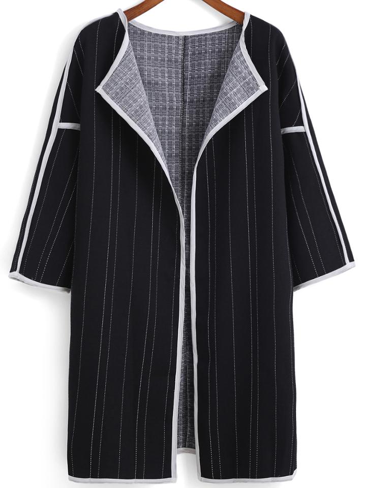 Romwe Open Front Vertical Striped Coat