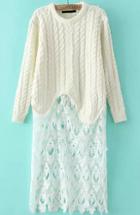 Romwe Contrast Lace Cable Knit White Dress