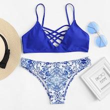 Romwe Criss Cross Front Top With Porcelain Print Bikini