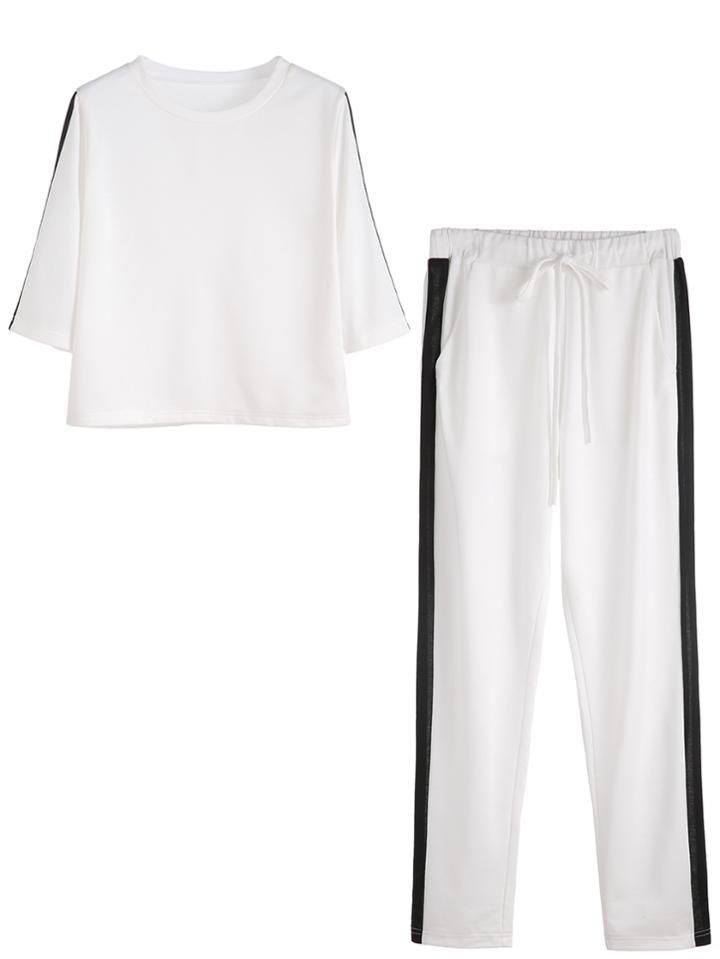 Romwe White Contrast T-shirt With Drawstring Pants