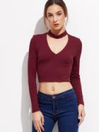 Romwe Burgundy Cut Out V Neck Crop Tight T-shirt