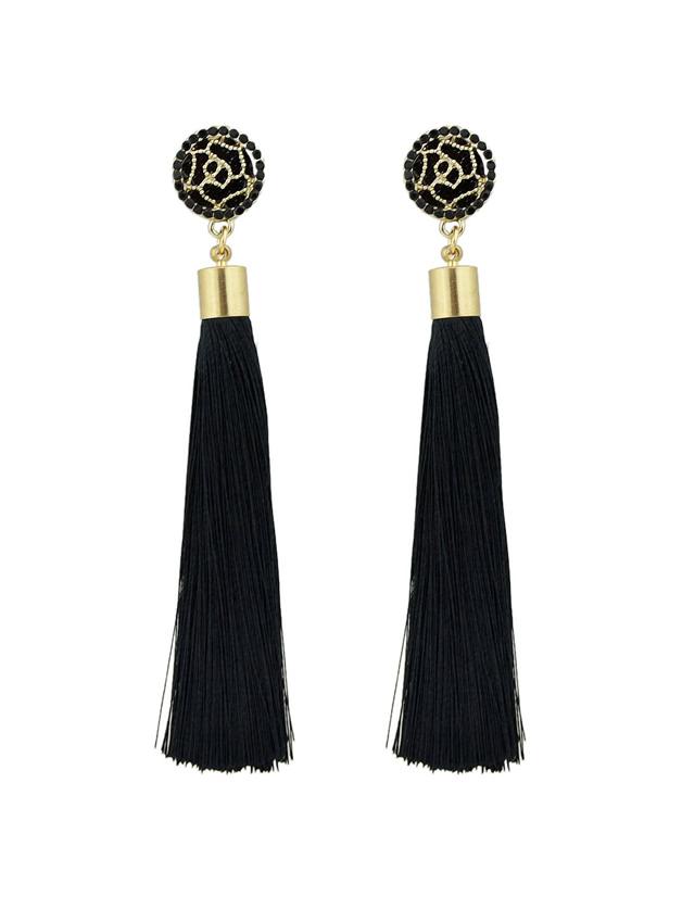 Romwe Black Ethnic Jewelry Flower Decoration Long Tassel Drop Earrings