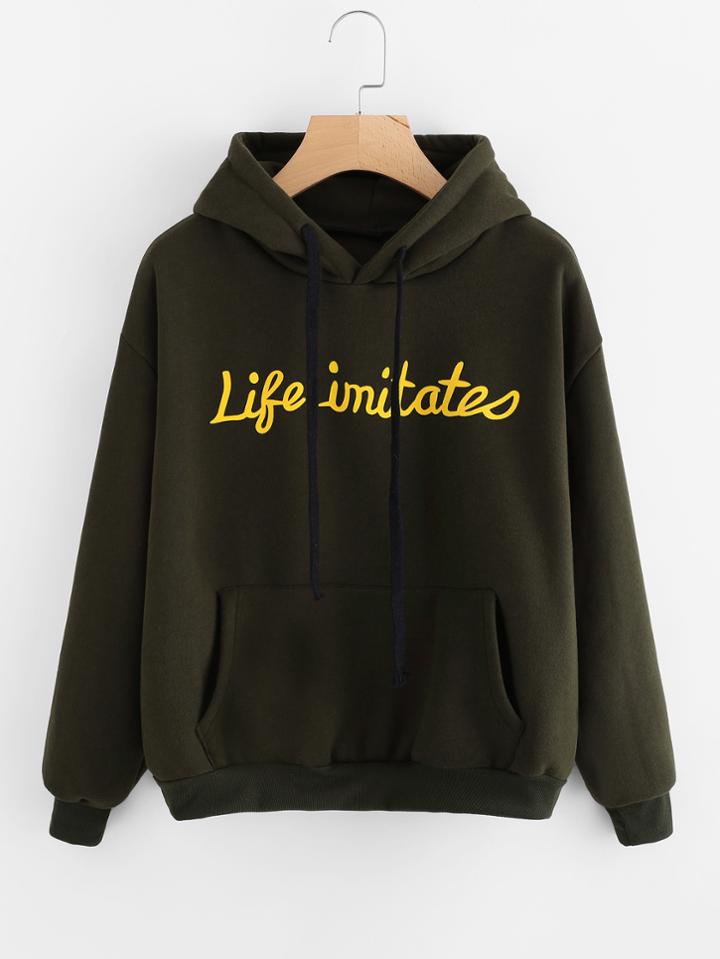 Romwe Slogan Print Drop Shoulder Kangaroo Pocket Sweatshirt