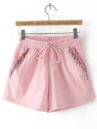 Romwe Pink Pockets Beaded Elastic Tie-waist Shorts
