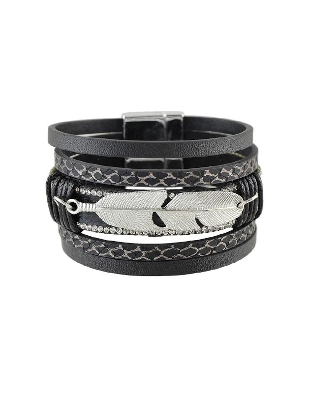 Romwe Black Multilayer Blue Black Pu Leather Wrap Bracelets