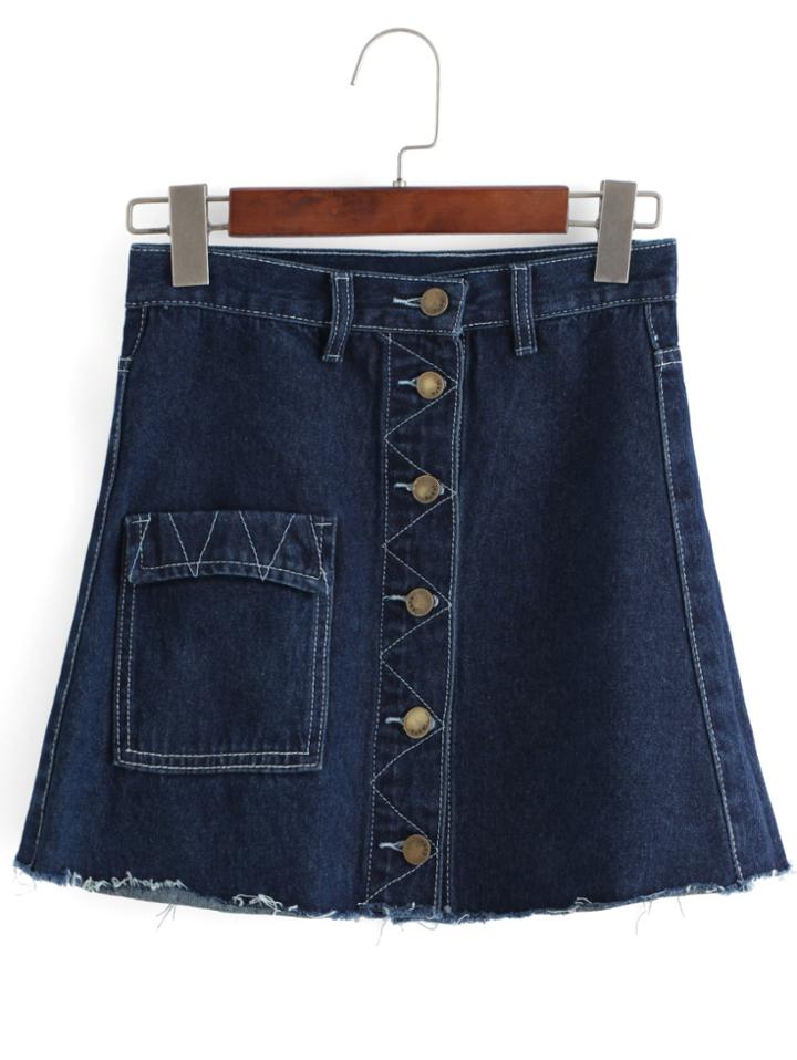 Romwe Single-breasted With Pocket Denim Skirt