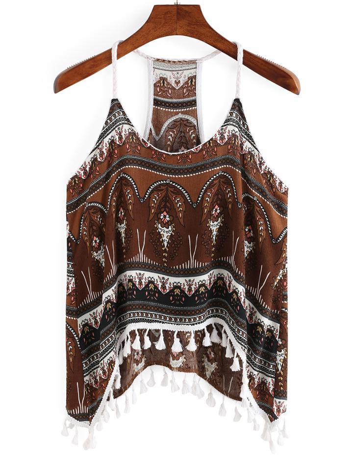 Romwe Tribal Print Fringe Cami Top