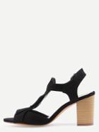 Romwe Faux Suede Tasselled T-strap Block Heel Sandals - Black