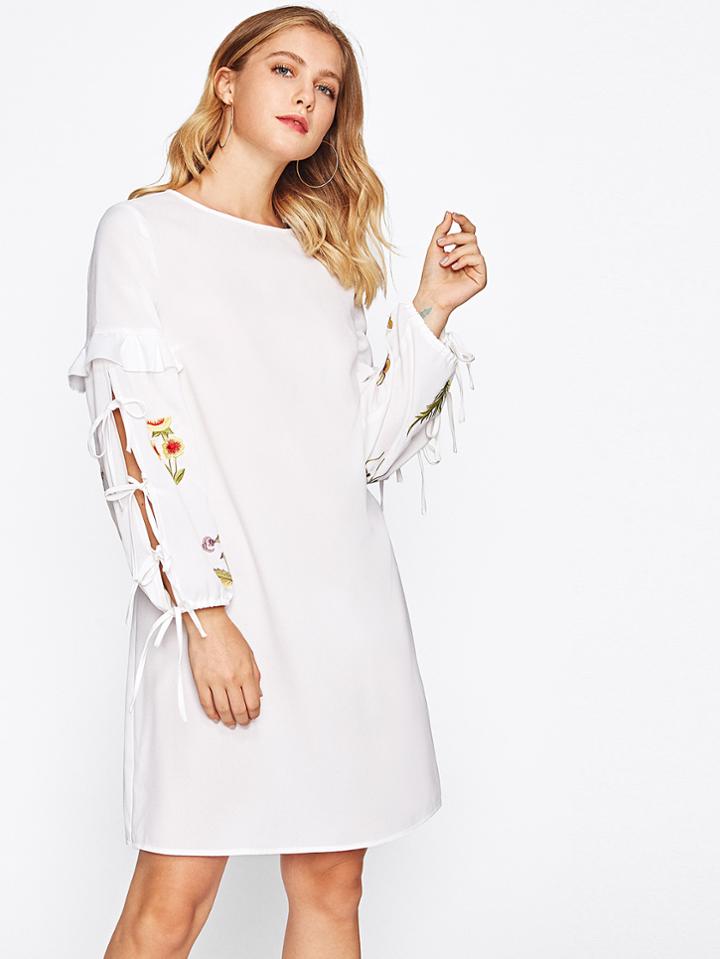 Romwe Frill Trim Tie Split Sleeve Embroidered Dress