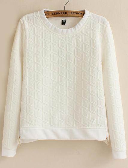 Romwe White Round Neck Diamond Pattern Crop Sweatshirt