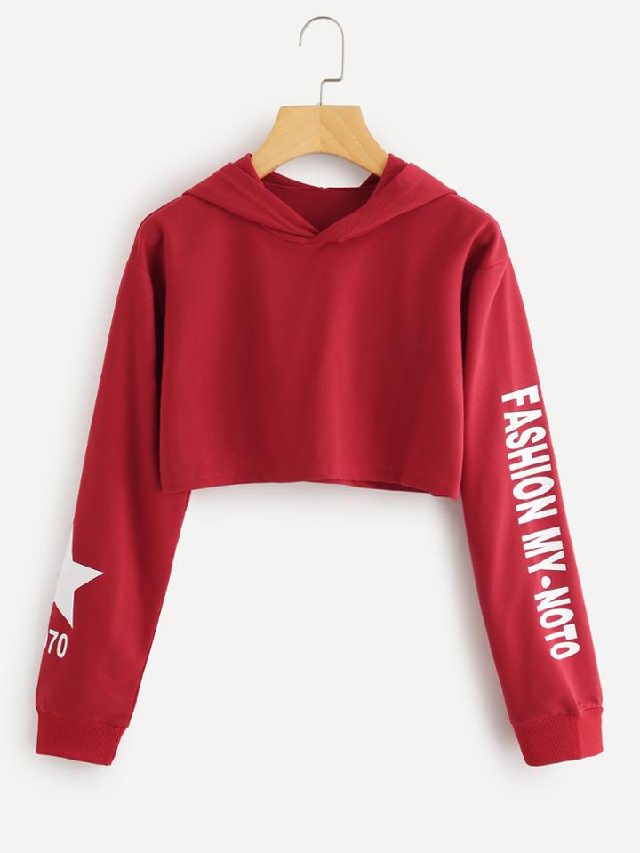 Romwe Graphic Print Crop Hooded Sweatshirt