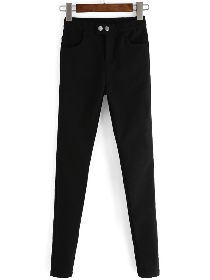 Romwe Thicken Pencil Black Pant With Silver Button