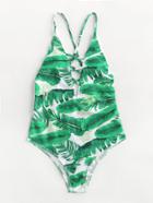 Romwe Jungle Print Plunge Neckline Open Back Swimsuit