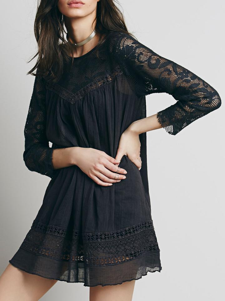 Romwe Lace Insert Hollow Black Blouse