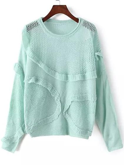 Romwe Open-knit Fungus Edge Green Sweater