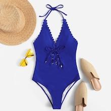 Romwe Scalloped Trim Lace-up Backless One Piece Swim