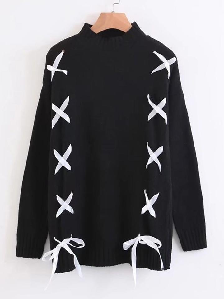 Romwe Lace Up Crew Neck Jumper