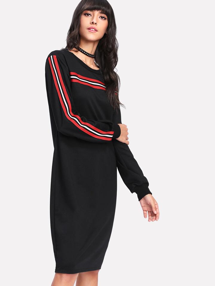 Romwe Stripe Tape Detail Sweatshirt Dress