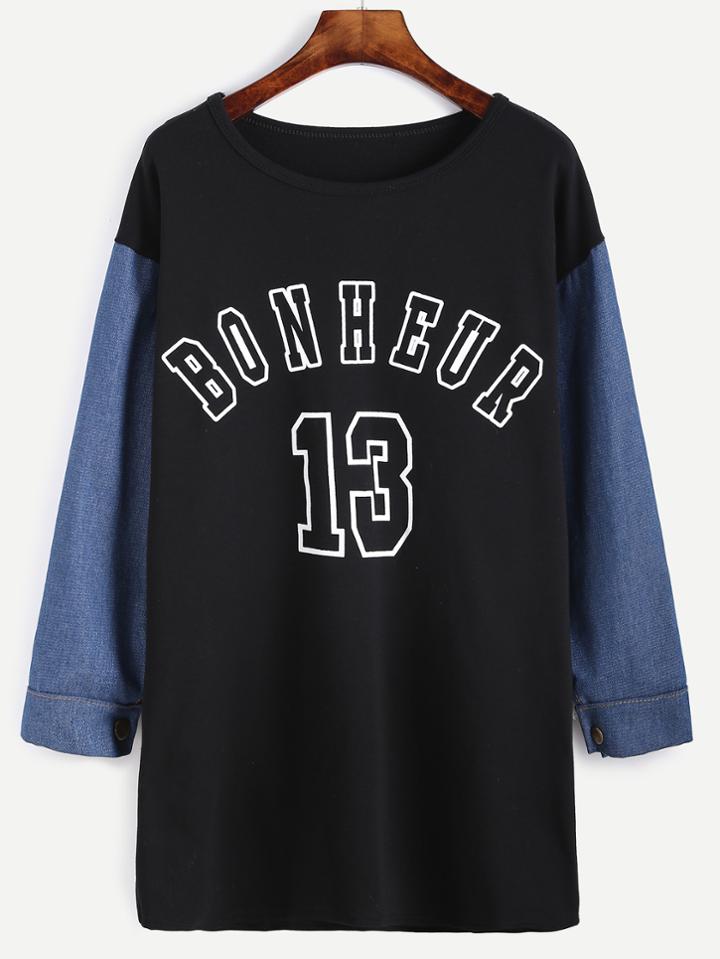 Romwe Color Block Varsity Print Long T-shirt