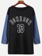 Romwe Color Block Varsity Print Long T-shirt