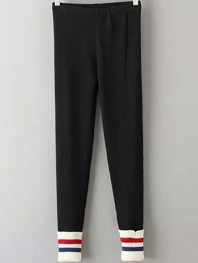 Romwe Elastic Waist Striped Slim Black Leggings