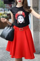 Romwe Beauty Print Embroidered Top With Belt Flare Skirt