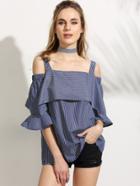 Romwe Off The Shoulder Striped Bell Sleeve Blouse With Strap Crop Top