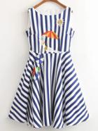 Romwe Navy Sleeveless Printed Zipper Flare Dress