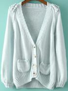 Romwe With Pockets Buttons Blue Cardigan