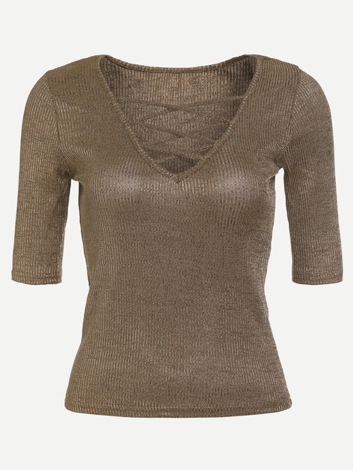 Romwe Criss Cross V Neck Ribbed Skinny Knitwear