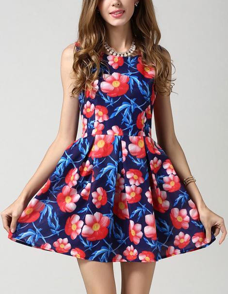 Romwe Sleeveless Lotus Print Flare Dress