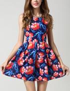 Romwe Sleeveless Lotus Print Flare Dress