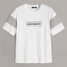 Romwe Guys Heathered Grey Panel Letter Tee