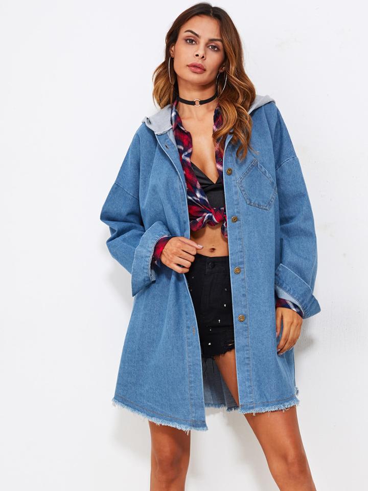 Romwe Raw Hem Contrast Hooded Denim Coat