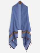 Romwe Blue Embroidered Tape Detail Pom Pom Scarf