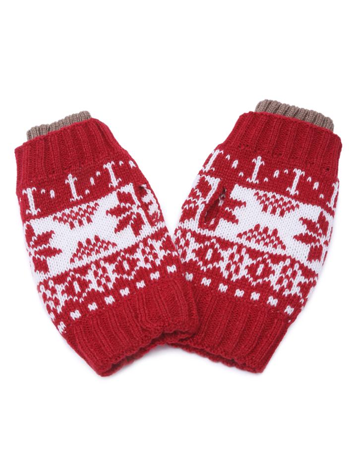 Romwe Red Snowflake Fingerless Ribbed Knit Gloves