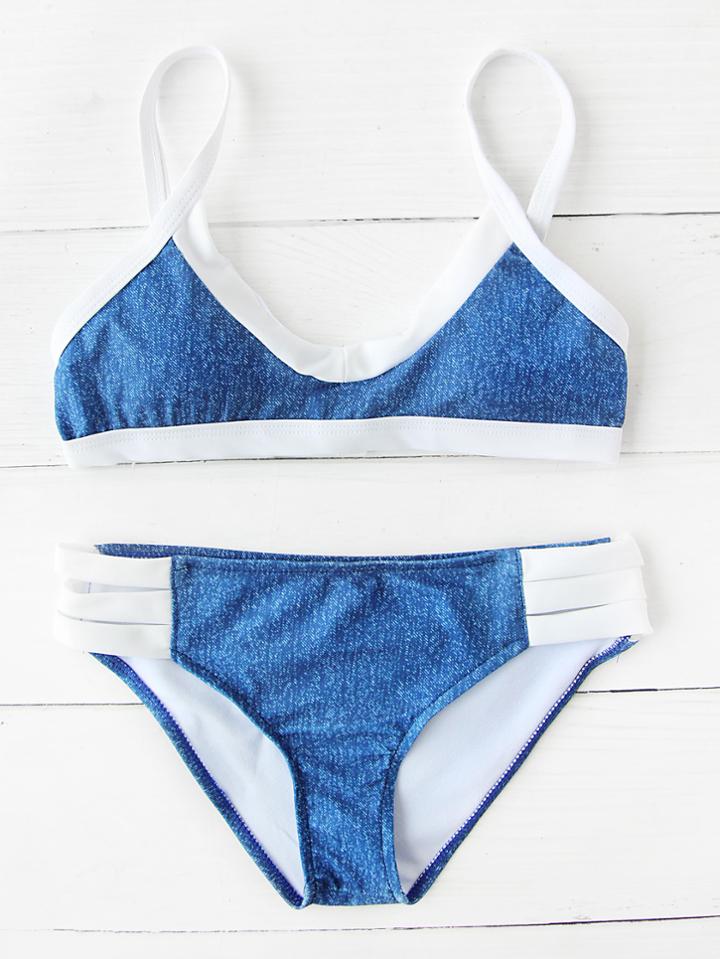 Romwe Contrast Trim Ladder Cutout Bikini Set