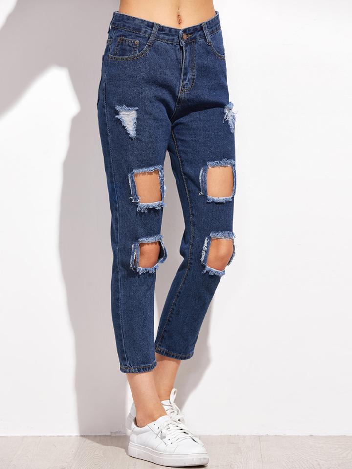 Romwe Dark Blue Ripped Jeans