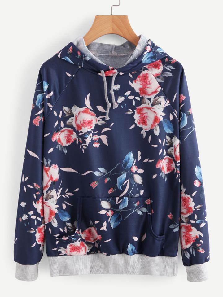 Romwe Contrast Ribbed Trim Botanical Print Raglan Hoodie