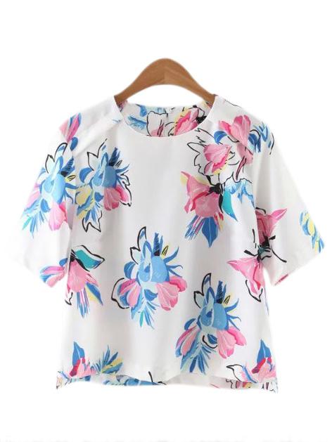Romwe Multicolor Short Sleeve Zipper Back Flowers Print Blouse