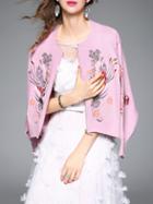 Romwe Pink Leaves Embroidered Zipper Knit Coat