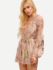 Romwe Plunge Neckline Mesh Sleeve Sequined Romper With Self Tie