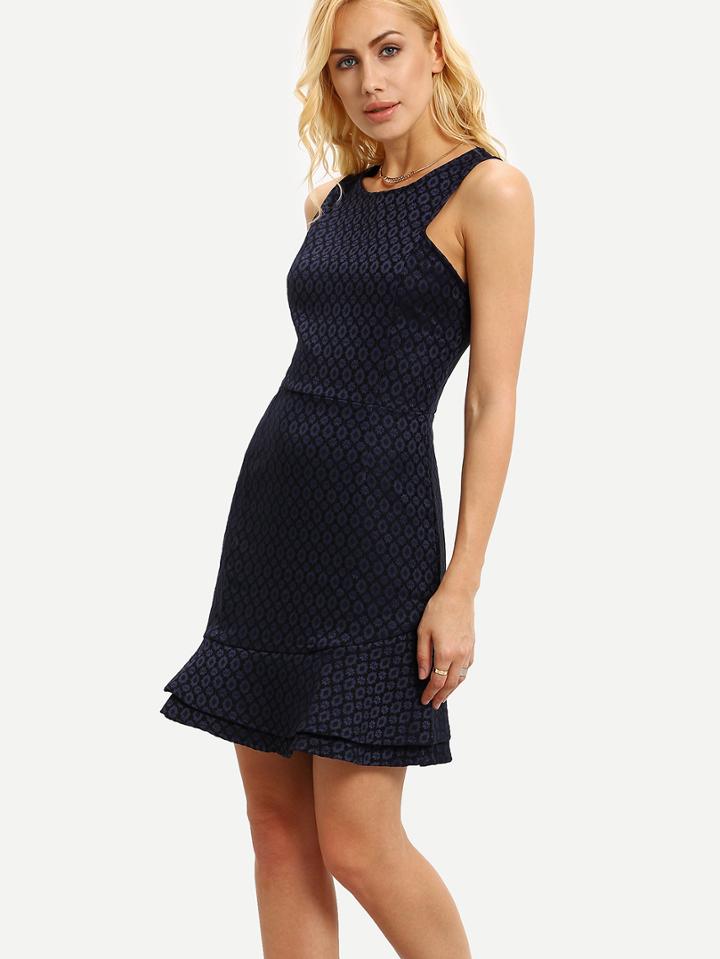 Romwe Navy Jacquard Ruffle Hem Dress