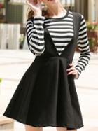 Romwe Long Sleeve Striped Top With Strap Flare Dress