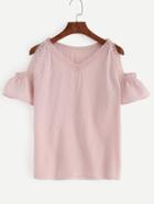 Romwe Pink Crochet Trim Open Shoulder Ruffle Sleeve Blouse