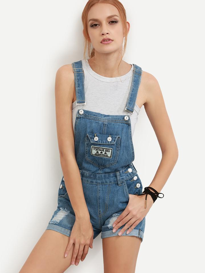 Romwe Blue Ripped Roll Hem Denim Overall Shorts
