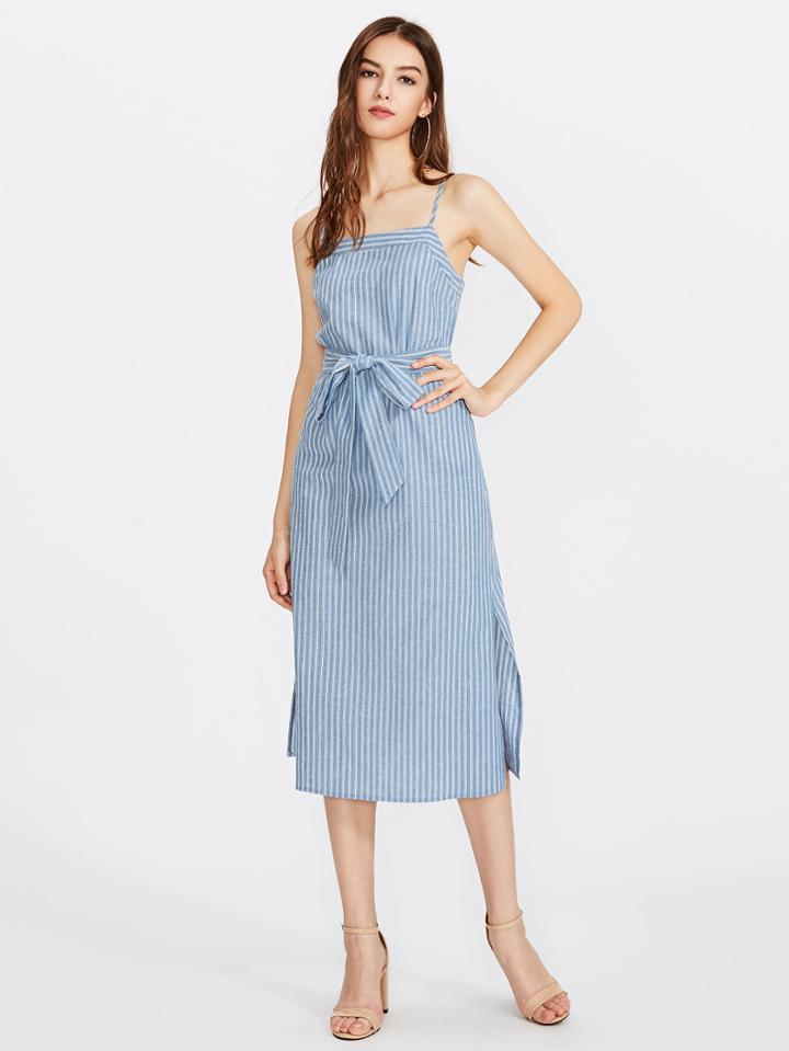 Romwe Self Tie Slit Side Pinstripe Cami Dress