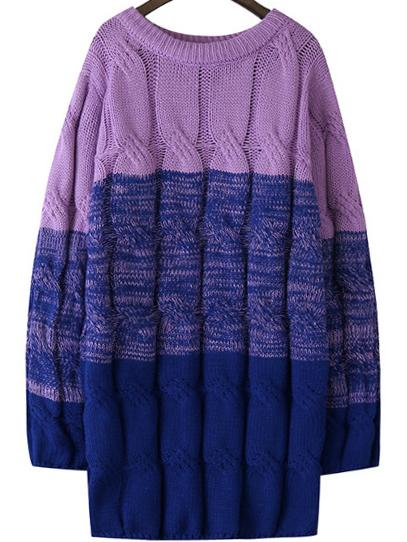 Romwe Round Neck Cable Knit Purple Blue Sweater